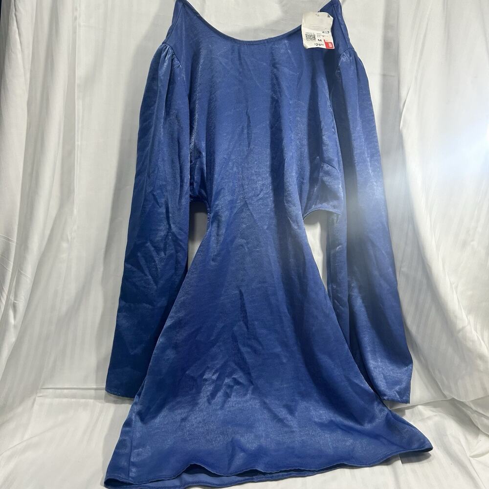 Forever 21 Mini Dress Womens M Blue Satin Tie Open Back Cut Outs Bell Sleeves